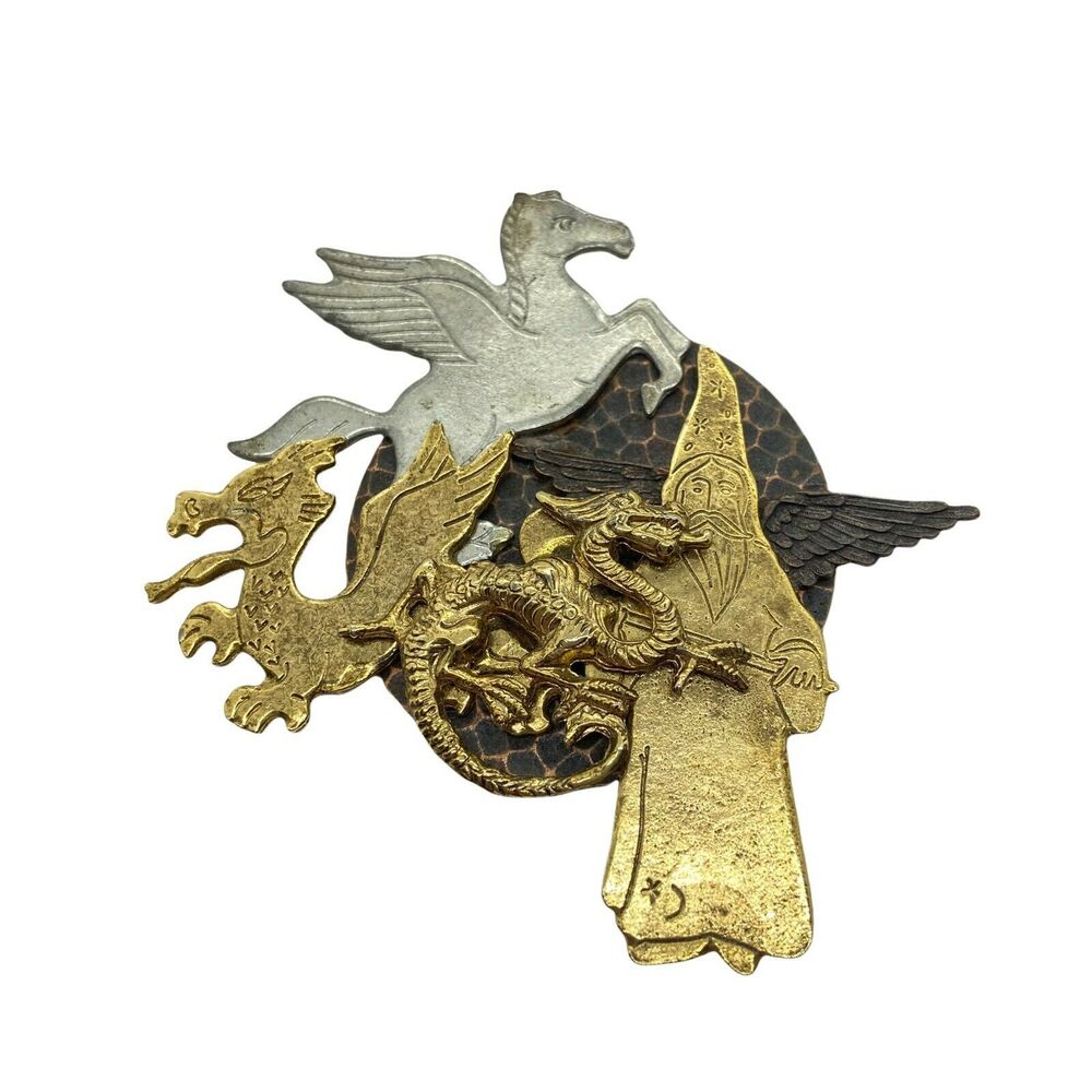 Wizard Pegasus Dragon Brooch Pin Handmade Craft Mixed Metal Enchanted Fantasy
